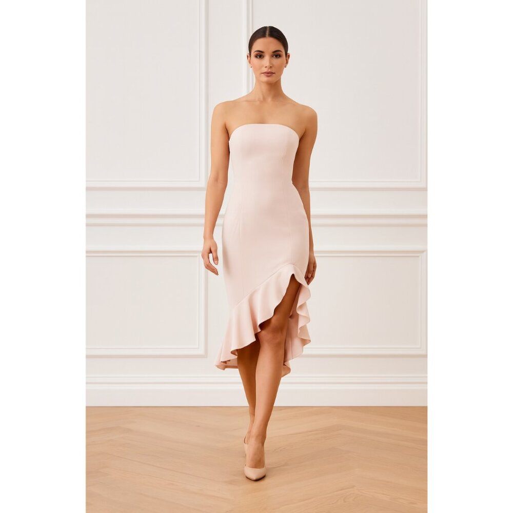 Jay Godfrey Blush Pink Strapless Ruffled Thigh Slit Cocktail Dress